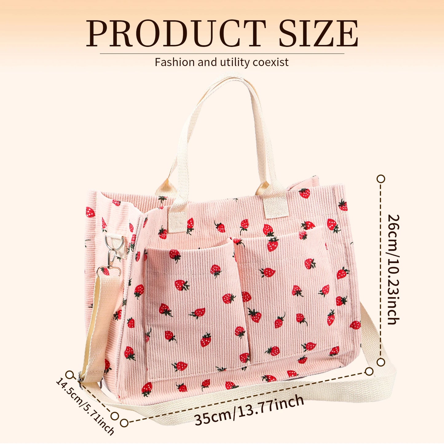 Large Capacity Strawberry Fabric Tote Bag – Adjustable Shoulder Bag for Work, School, Shopping