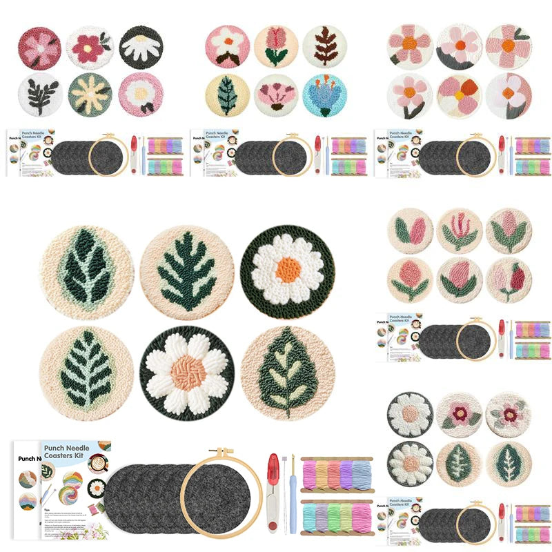 DIY Punch Needle Coaster Set Kit – Make 6 Flower Plant Design Coasters Multiple Design Choice Craft Embroidery