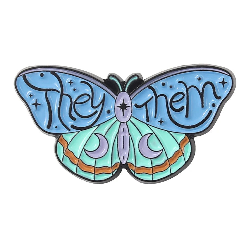Butterfly Moth Pronouns Enamel Pin Badge SHE HER HE HIM THEY THEM Brooches