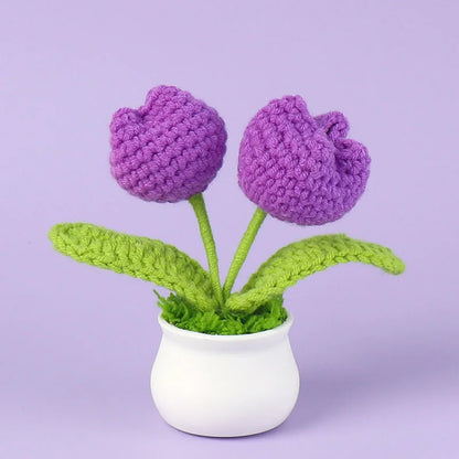Crochet Knitted Artificial Flower Plant in Pot - Hand Woven Potted Desk Desktop Home Decor Gift Ornament