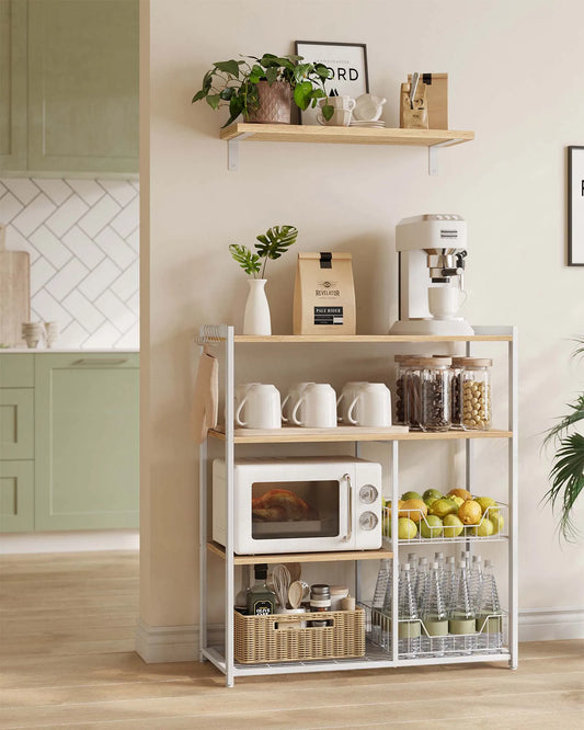 Kitchen Island Baker’s Rack – White Industrial Kitchen Island with Shelves, Baskets & Hooks (80x35x95cm)