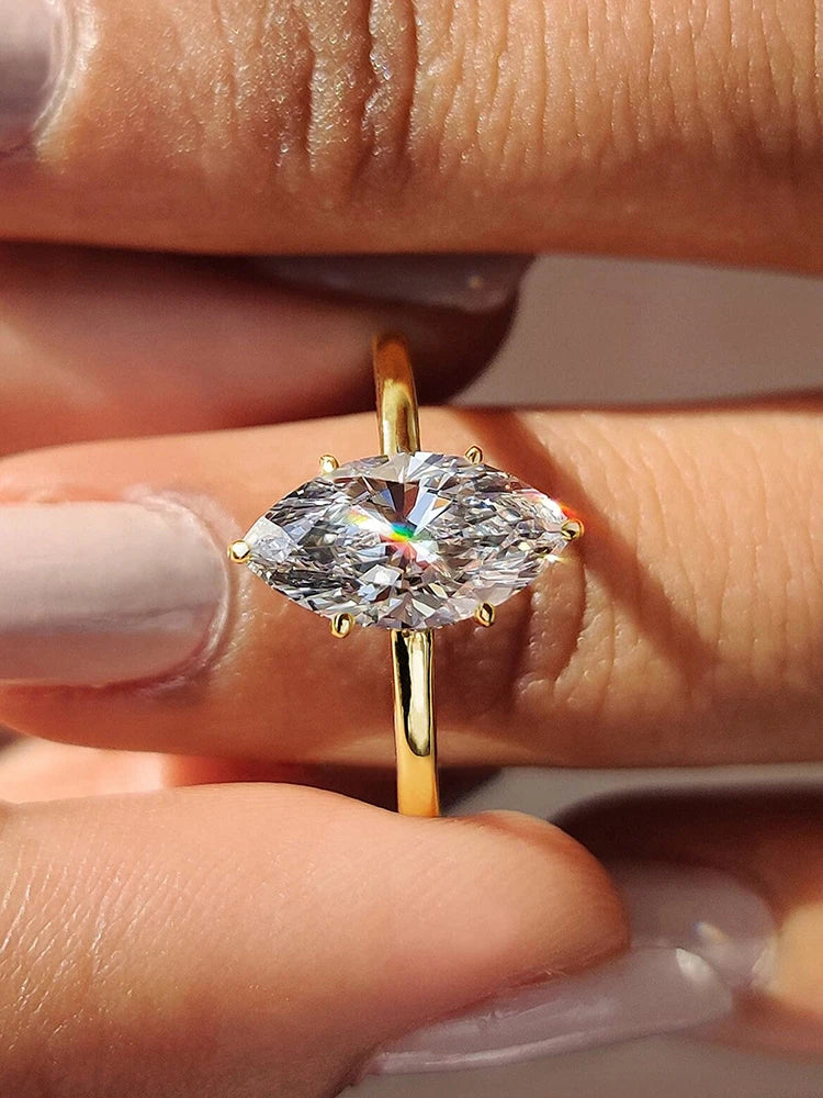925 Sterling Silver / Golden Ring with Marquise Navette Shape Zircon Gemstone – Womens Elegant Engagement Wedding Promise Band