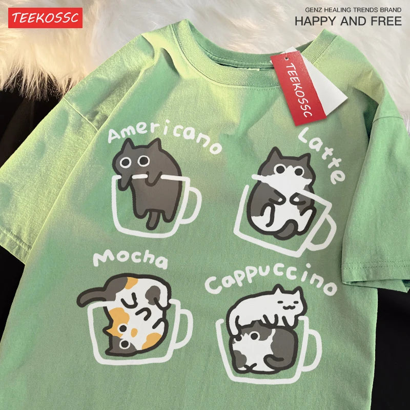 Cat Coffee T-Shirt – Cute Mocha Latte Graphic Tee for Men & Women | Summer Loose Fit Cotton