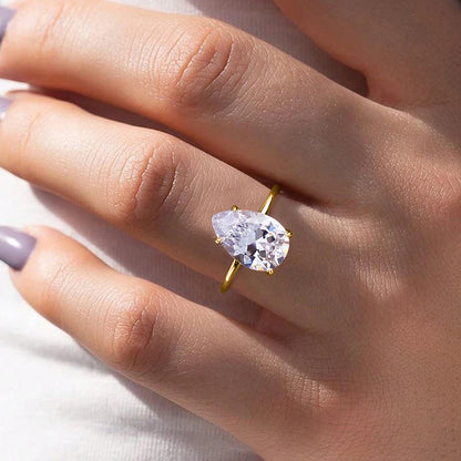 925 Sterling Silver / Golden Ring with Pear Shape Zircon Gemstone – Womens Elegant Engagement Wedding Promise Band