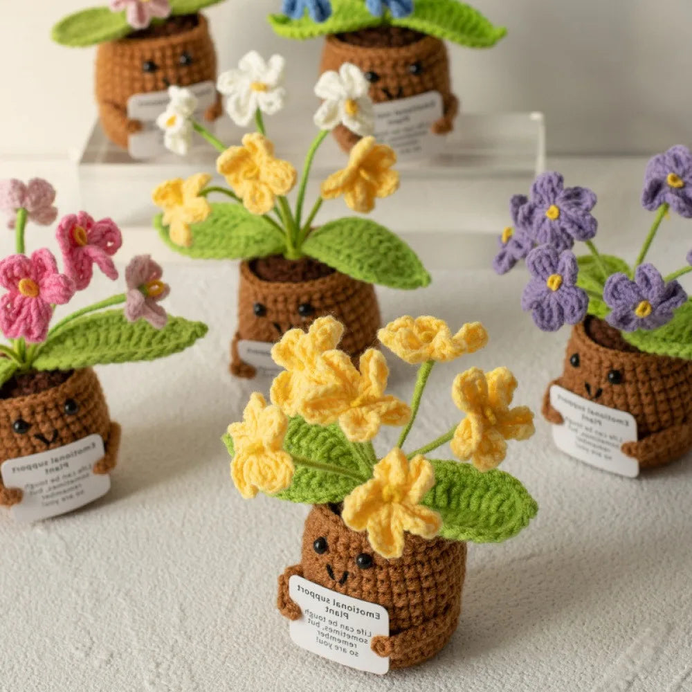 Crochet Knitted Flower Plant Pot - Desktop Emotional Support Gift Positivity Words of Encouragement Ornament - Perfect Gift