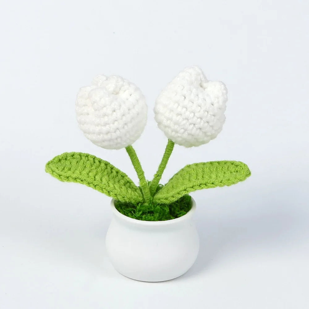 Crochet Knitted Artificial Flower Plant in Pot - Hand Woven Potted Desk Desktop Home Decor Gift Ornament