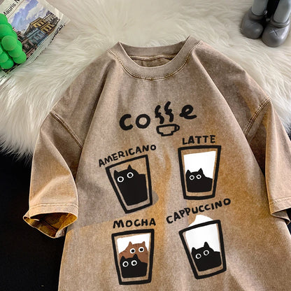 Cat Coffee T-Shirt – Cute Mocha Latte Graphic Tee for Men & Women | Summer Loose Fit Cotton