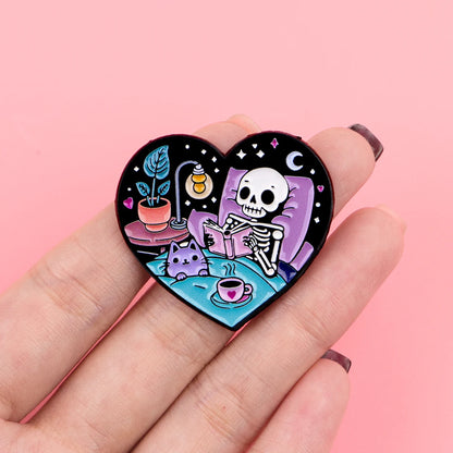Skeleton and Cat Reading Cute Enamel Pin Badge Brooch Lapel Backpack Clothing Accessories Book Lover