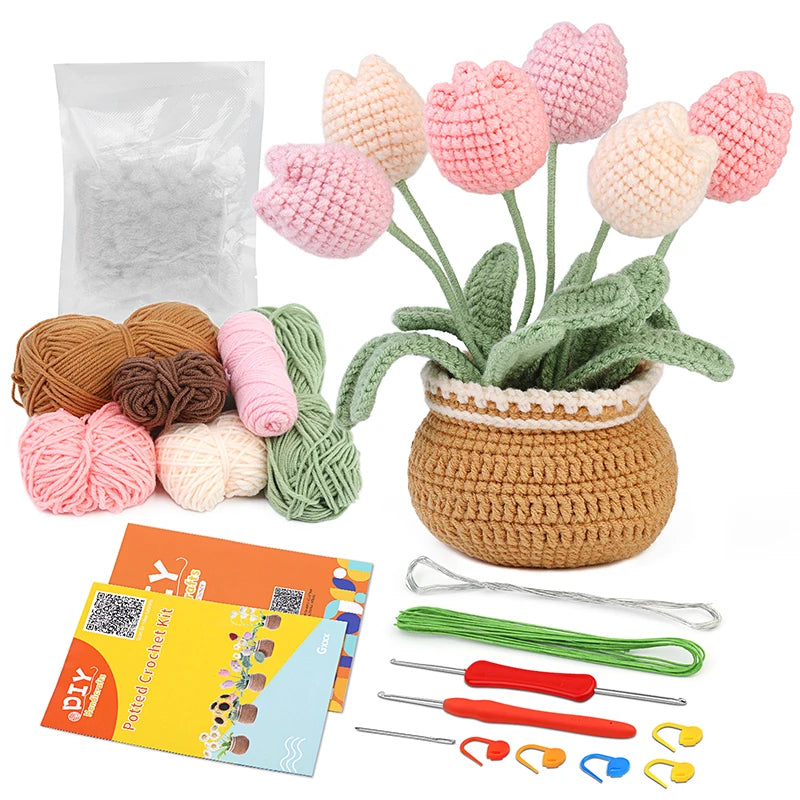 DIY Crochet Flower Plant Pot Kit – Sunflowers Tulips Daisies Designs, Beginners Set