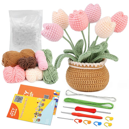 DIY Crochet Flower Plant Pot Kit – Sunflowers Tulips Daisies Designs, Beginners Set