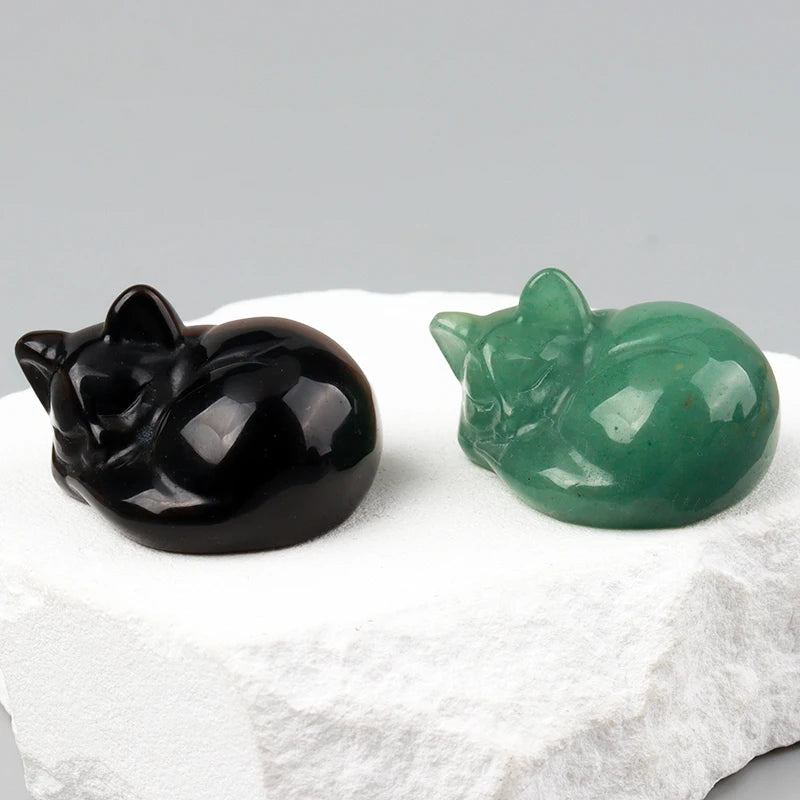 Crystal Sleeping Cat Figurines – Hand-Carved Natural Stone Animal Cats Figures for Chakra Energy Healing & Home Décor