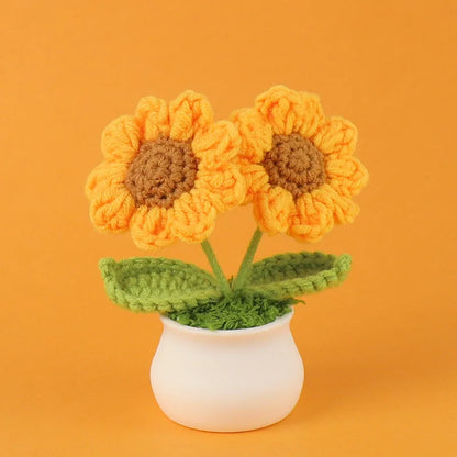 Crochet Knitted Artificial Flower Plant in Pot - Hand Woven Potted Desk Desktop Home Decor Gift Ornament
