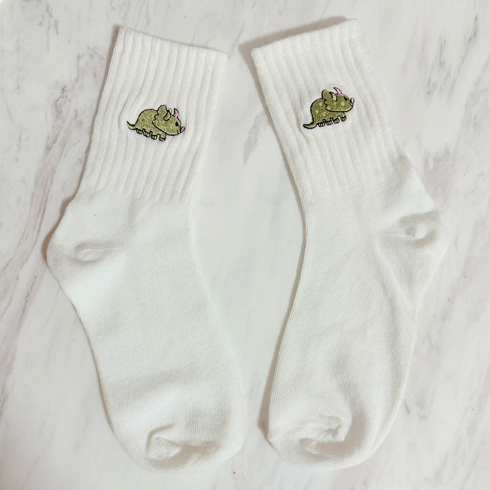 5 Pairs Women’s Dinosaur Crew Socks – Cute Embroidered Cartoon Dino Animal Sock Set