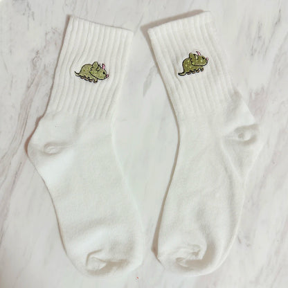 5 Pairs Women’s Dinosaur Crew Socks – Cute Embroidered Cartoon Dino Animal Sock Set