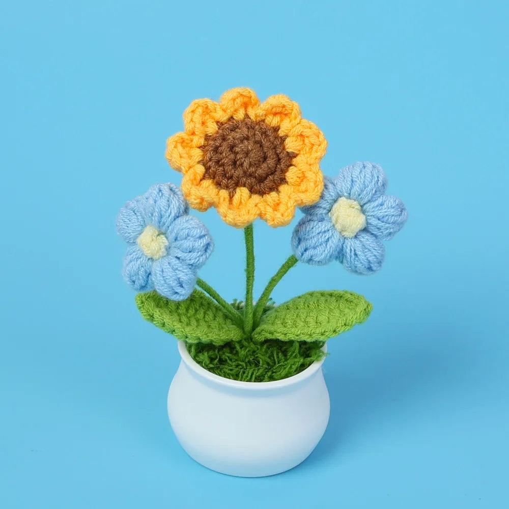 Crochet Knitted Artificial Flower Plant in Pot - Hand Woven Potted Desk Desktop Home Decor Gift Ornament