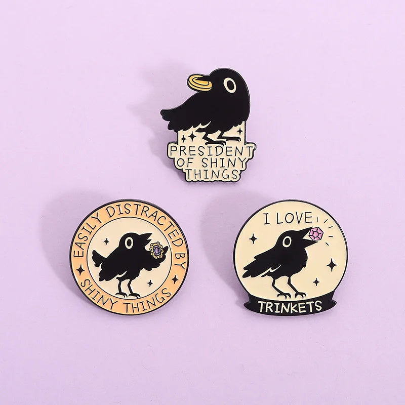 Cute Black Crow Metal Enamel Pin Badge Brooch Shiny Things Trinkets Raven Bird