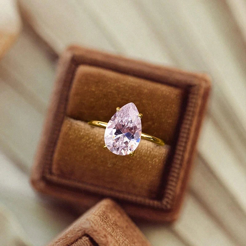 925 Sterling Silver / Golden Ring with Pear Shape Zircon Gemstone – Womens Elegant Engagement Wedding Promise Band