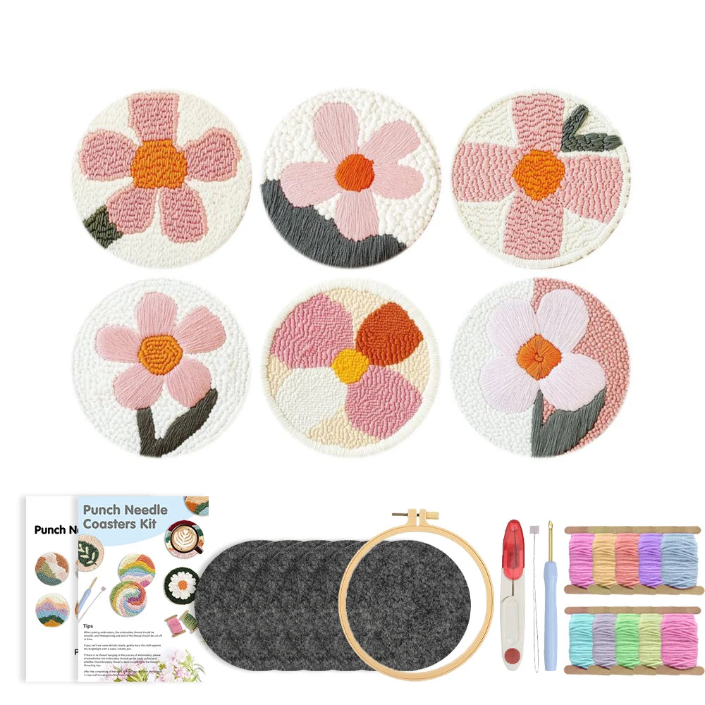 DIY Punch Needle Coaster Set Kit – Make 6 Flower Plant Design Coasters Multiple Design Choice Craft Embroidery