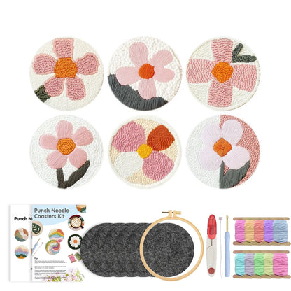DIY Punch Needle Coaster Set Kit – Make 6 Flower Plant Design Coasters Multiple Design Choice Craft Embroidery