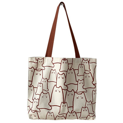 Large Capacity Cat Print Canvas Tote Bag – Beige or Black Stylish Handbag