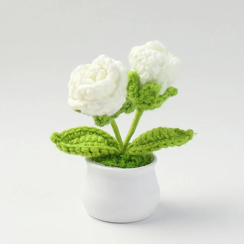 Crochet Knitted Artificial Flower Plant in Pot - Hand Woven Potted Desk Desktop Home Decor Gift Ornament