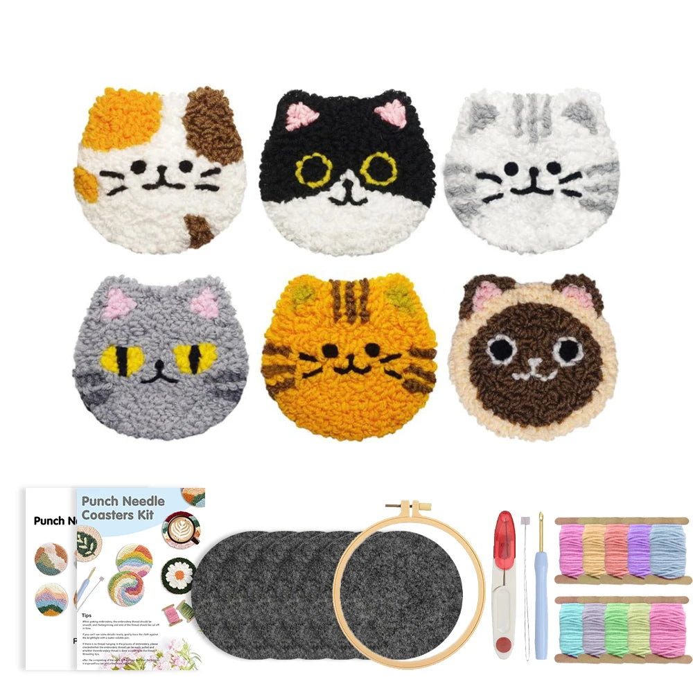 DIY Punch Needle Coaster Kit Set – Make 6 Cat Animal Coasters Craft Embroidery