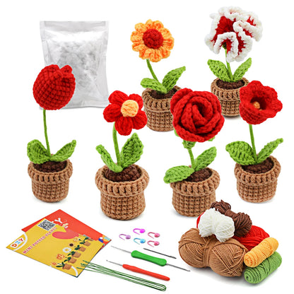 DIY Crochet Potted Flower Kit – Make 6 Plants Yellow / Red / Pink Flowers