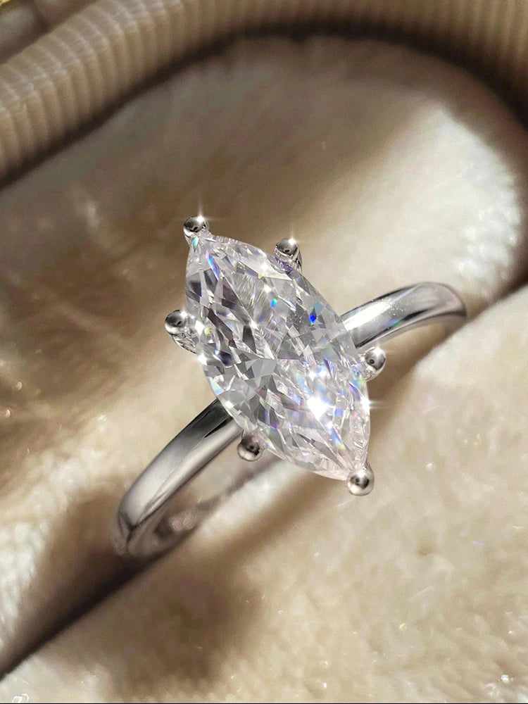 925 Sterling Silver / Golden Ring with Marquise Navette Shape Zircon Gemstone – Womens Elegant Engagement Wedding Promise Band