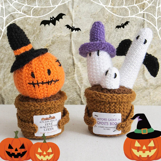 Halloween Pumpkin Ghosts Crochet Knitted Cactus Flower Plant Pot - Spooky Desktop Decoration Gift Seasonal