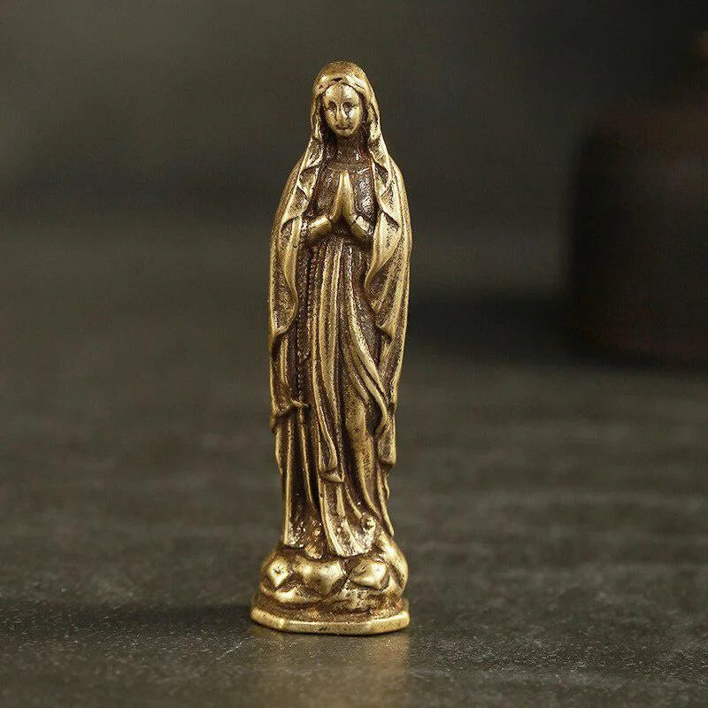Mini Brass Copper Metal Blessed Holy Mother Mary Figurine – Desk Ornament Collectible