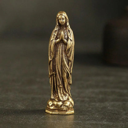 Mini Brass Copper Metal Blessed Holy Mother Mary Figurine – Desk Ornament Collectible