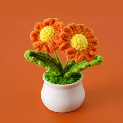 Crochet Knitted Artificial Flower Plant in Pot - Hand Woven Potted Desk Desktop Home Decor Gift Ornament
