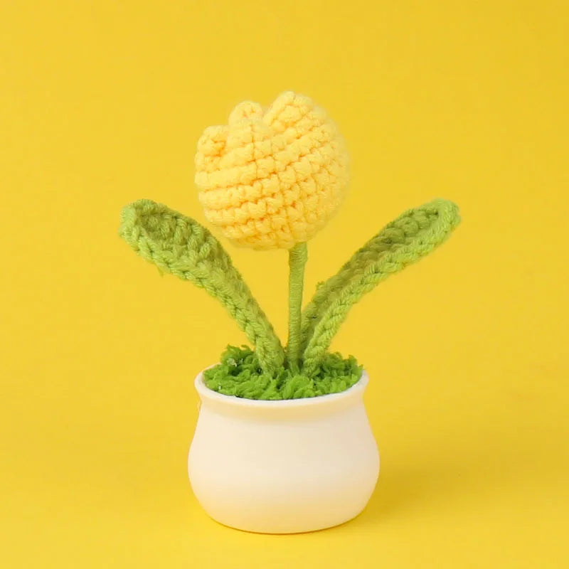 Crochet Knitted Artificial Flower Plant in Pot - Hand Woven Potted Desk Desktop Home Decor Gift Ornament