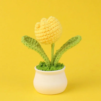 Crochet Knitted Artificial Flower Plant in Pot - Hand Woven Potted Desk Desktop Home Decor Gift Ornament
