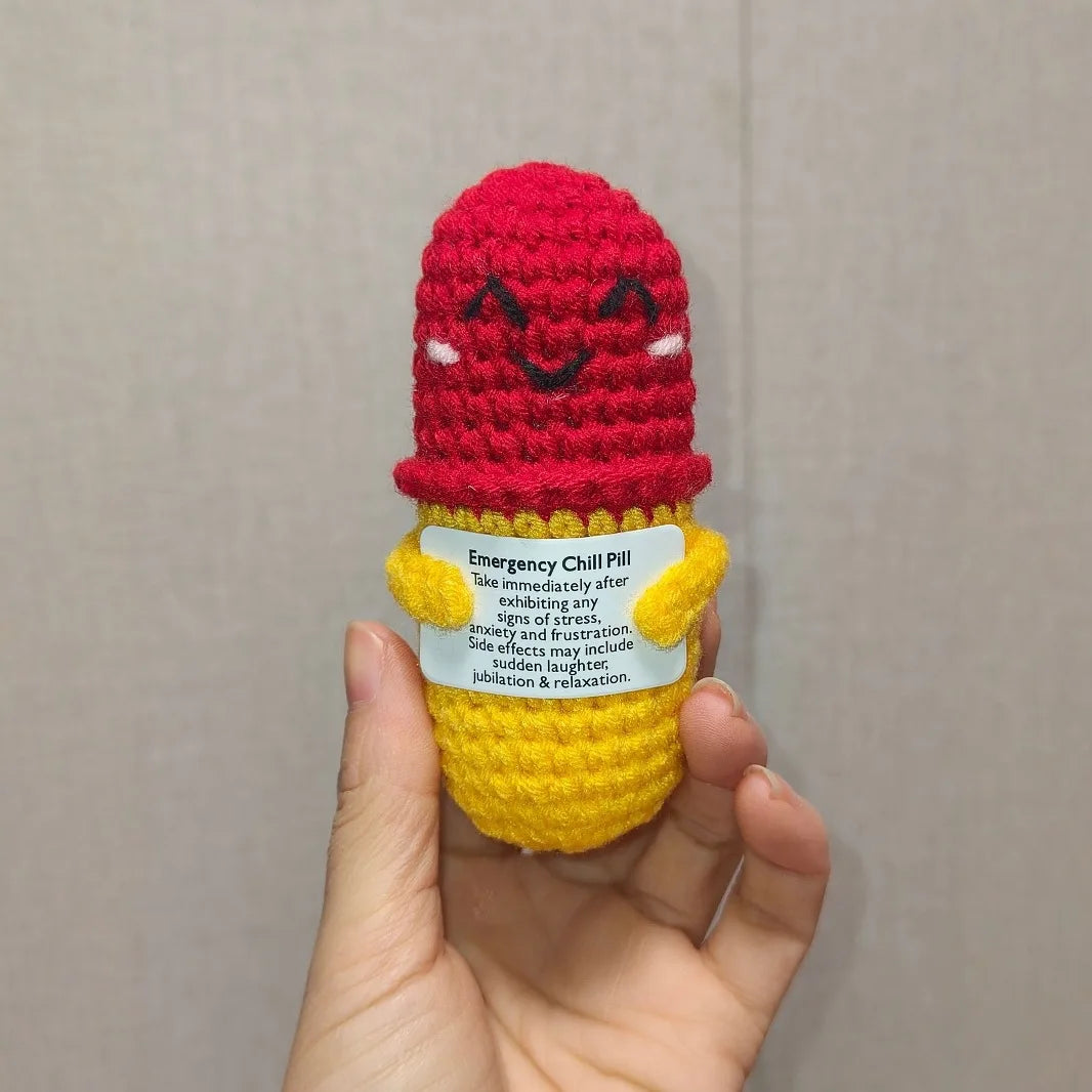 Crochet Knitted Chill Pill - Emotional Support Chill Pill Handmade-Style Gift with Message Card Mental Health Happy Pill Support