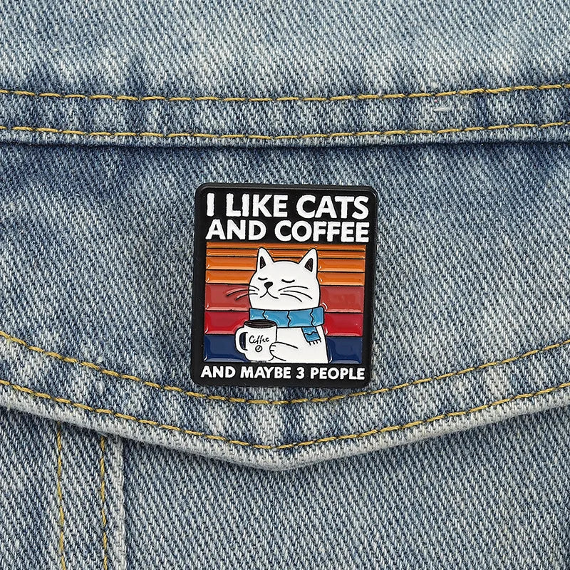 I Like Cats and Coffee Funny Enamel Pin Badge Cartoon Grumpy Cat Introvert