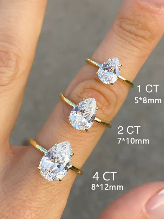925 Sterling Silver / Golden Ring with Pear Shape Zircon Gemstone – Womens Elegant Engagement Wedding Promise Band