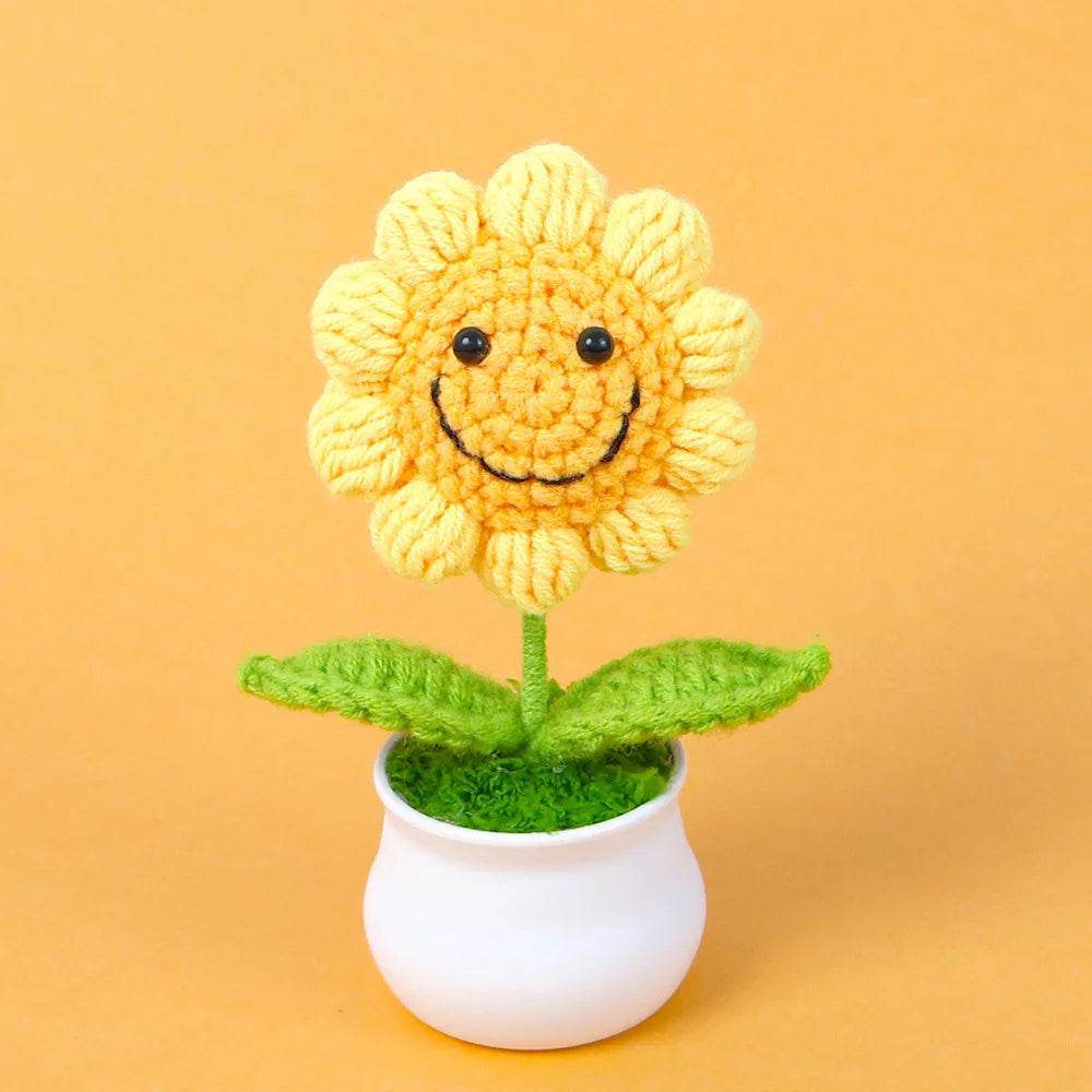 Crochet Knitted Artificial Flower Plant in Pot - Hand Woven Potted Desk Desktop Home Decor Gift Ornament