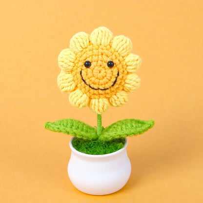Crochet Knitted Artificial Flower Plant in Pot - Hand Woven Potted Desk Desktop Home Decor Gift Ornament