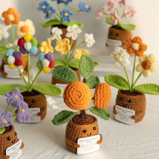 Crochet Knitted Flower Plant Pot - Desktop Emotional Support Gift Positivity Words of Encouragement Ornament - Perfect Gift