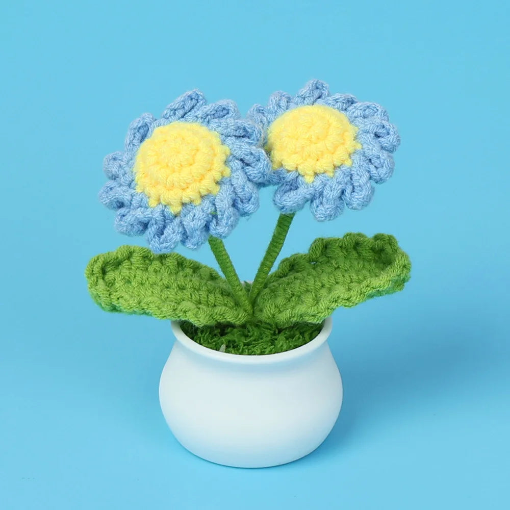 Crochet Knitted Artificial Flower Plant in Pot - Hand Woven Potted Desk Desktop Home Decor Gift Ornament