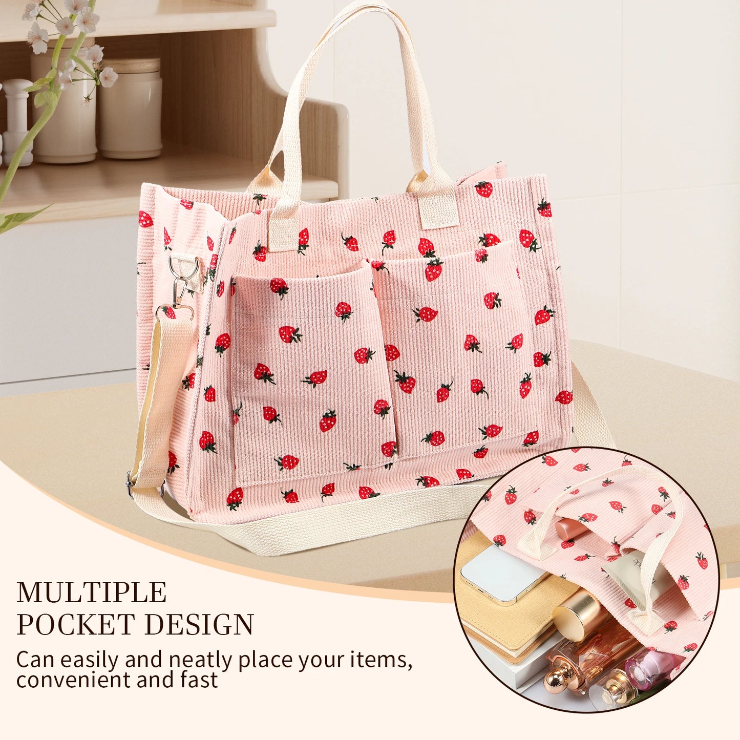 Large Capacity Strawberry Fabric Tote Bag – Adjustable Shoulder Bag for Work, School, Shopping