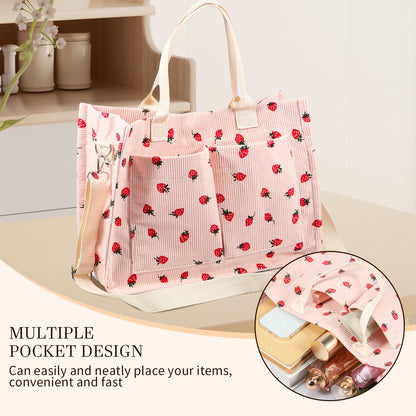 Large Capacity Strawberry Fabric Tote Bag – Adjustable Shoulder Bag for Work, School, Shopping