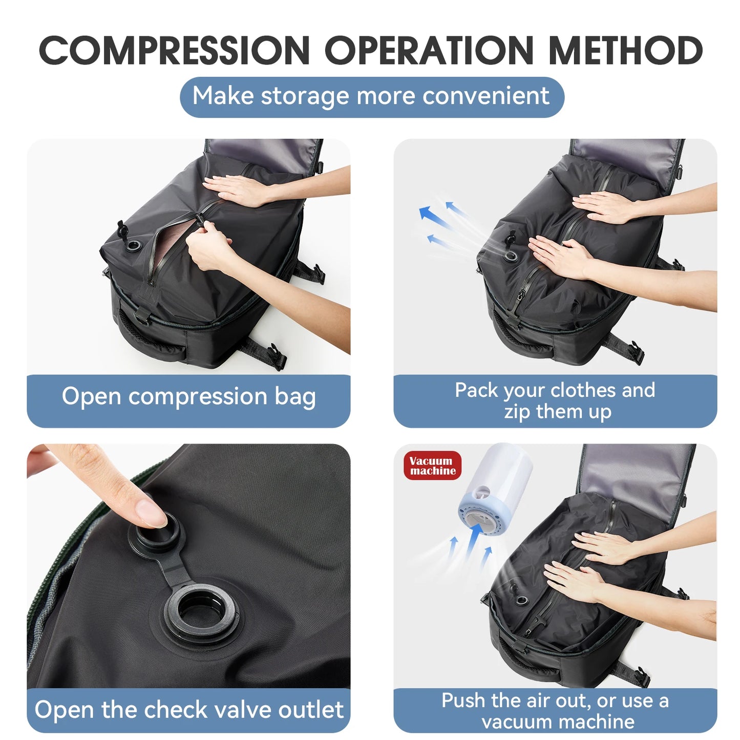 Expandable Vacuum Travel Luggage Backpack – Large Capacity Laptop Bag Men Women - Comes With Pump - Airback Smart Compression Backpack