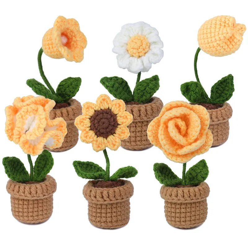 DIY Crochet Potted Flower Kit – Make 6 Plants Yellow / Red / Pink Flowers