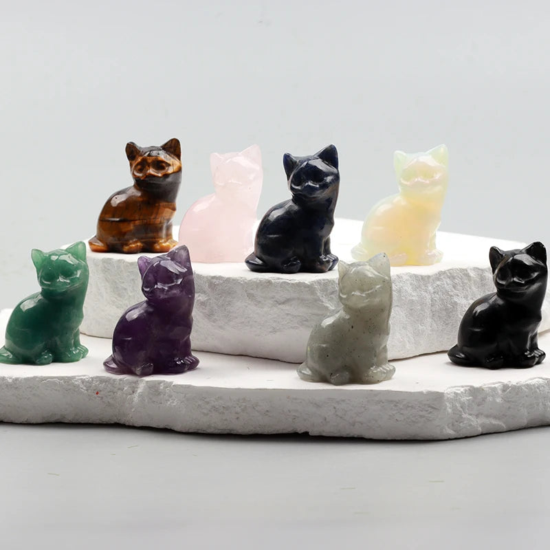 Crystal Cat Figurines – Hand-Carved Natural Stone Animal Cats Figures for Chakra Energy Healing & Home Décor