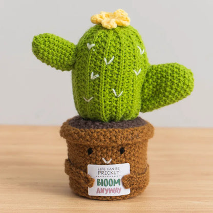 Crochet Knitted Cactus Flower Plant Pot - Desktop Emotional Support Gift Positivity Words of Encouragement Ornament - Perfect Gift