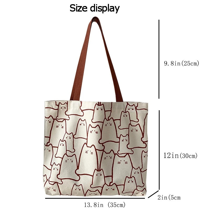 Large Capacity Cat Print Canvas Tote Bag – Beige or Black Stylish Handbag