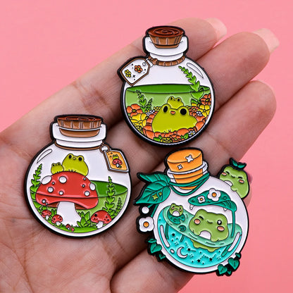 Frog In Glass Bottle Cute Enamel Brooch Lapel Pin Badge Novelty Gift
