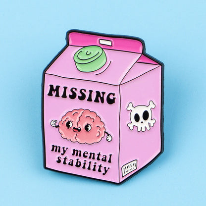 Missing Mental Stability Enamel Pin Badge Funny Mental Health Milk Carton Brain